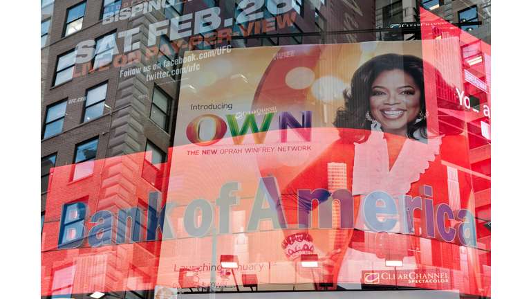 Times Square billboards with Oprah Winfrey and Bank of America