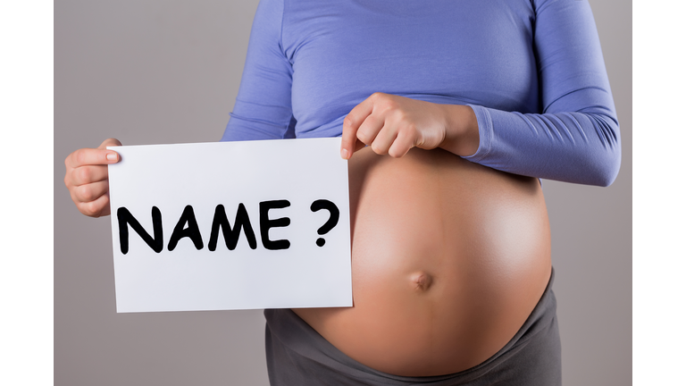 Stomach of pregnant woman holding paper with question name