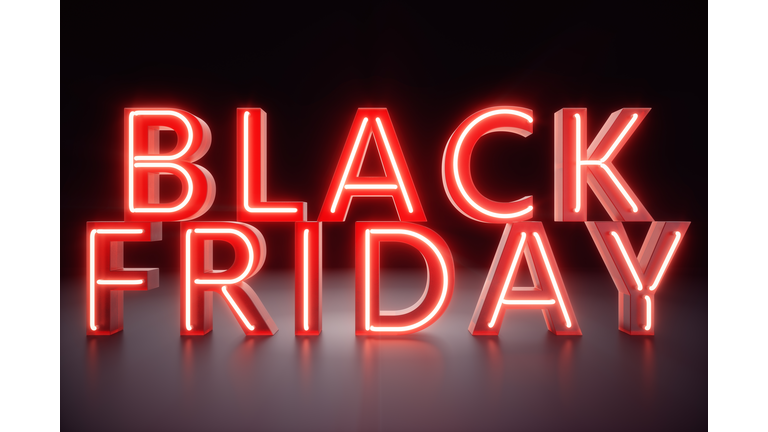 Black Friday - The Most Expected Sale of the Year. Neon Red 3D banner. Grand Discounts. Only once a year, maximum discounts. Sales, joy, success. 3D illustration