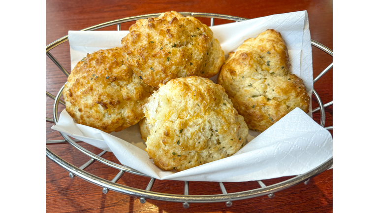 A Basket of Cheddar Biscuits in a Sea Food Restaurant