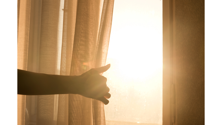 Cropped Hand Holding Curtain On Window