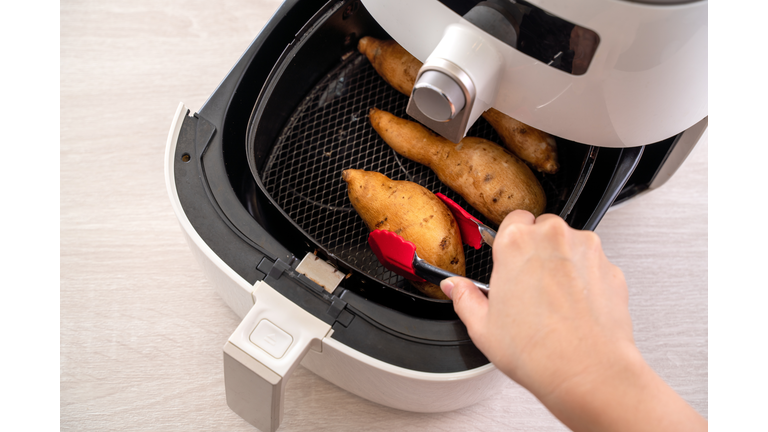Roasted sweet potato cooked by airfryer at home. Healthy food for diet eating.