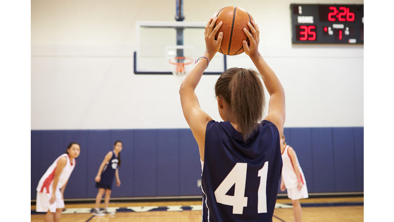 Female High School Basketball Player Shooting Basket