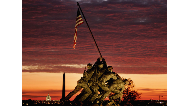 Early Morning Sun Begins To Rise Behind Iwo Jima Memorial