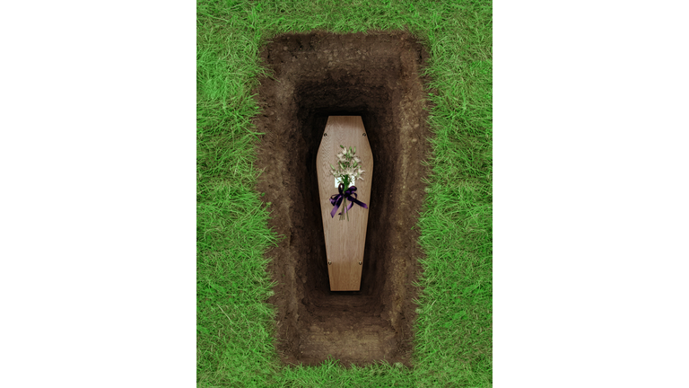 Coffin in grave, overhead view
