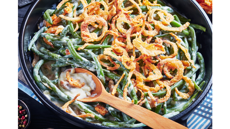 Homemade Green Bean Casserole topped with French crispy fried onions
