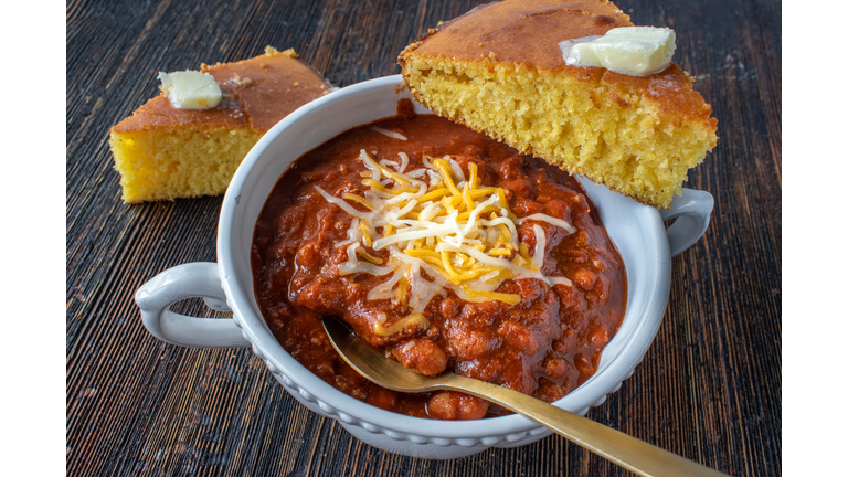 closeup of bowl of homemade chili with cornbread
