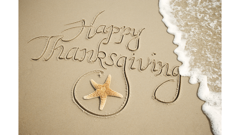 Happy Thanksgiving Message Handwritten Outdoors with White Wave