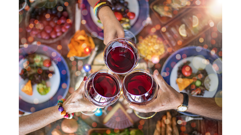 Family dinner for a celebration with red wine and cheers.