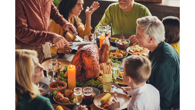 Cropped photo of family meeting served table thanks giving dinner two knives slicing stuffed turkey meal living room indoors