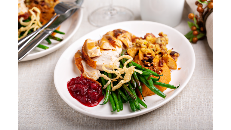 Traditional Thanksgiving plates with turkey and sides