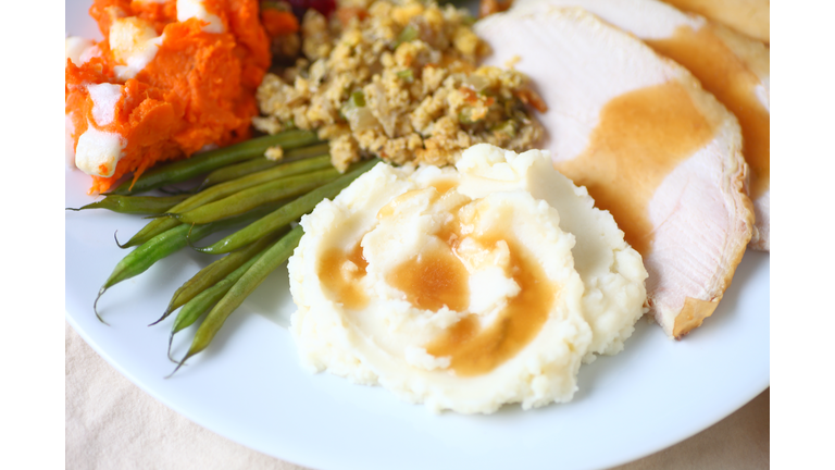 Turkey dinner on white plate