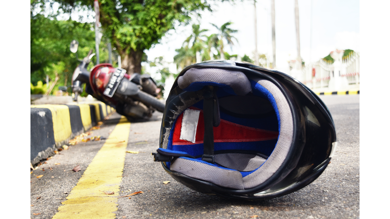 Helmet fallen on the street, road accidents