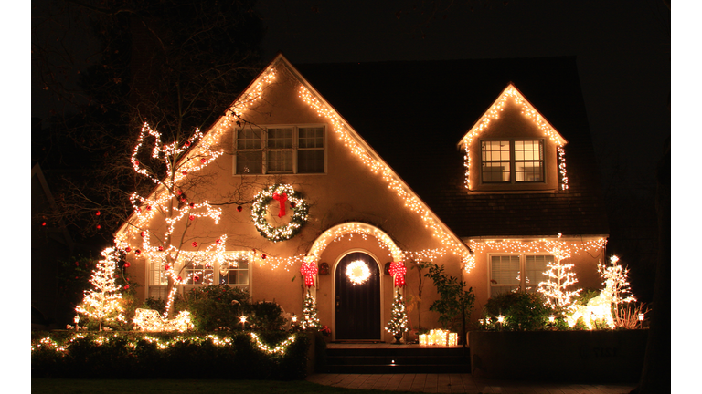 California Home decorated with Christmas lights and decorations