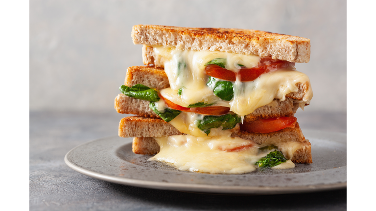 grilled cheese spinach and tomato sandwich on concrete background