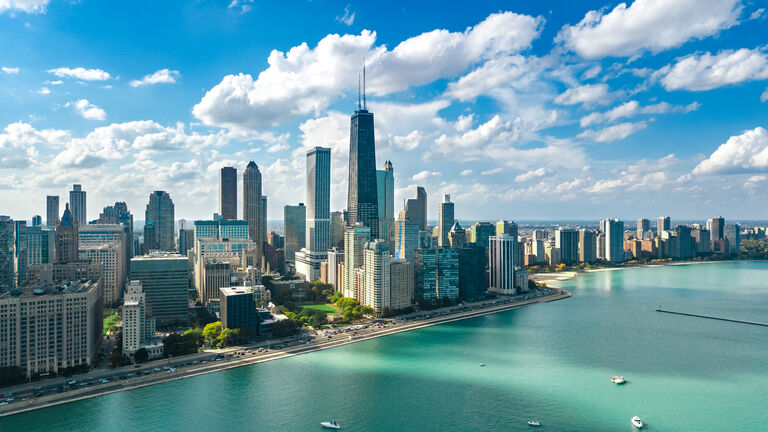 Chicago skyline aerial drone view from above, lake Michigan and city of Chicago downtown skyscrapers cityscape, Illinois, USA