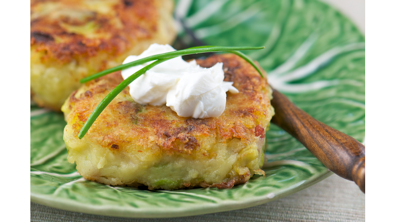 Close-up of Fried Potato Cake on Green Plate