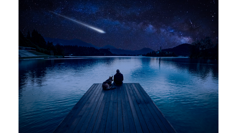 Man with dog looking at Perseids Meteor Shower at lake Bled