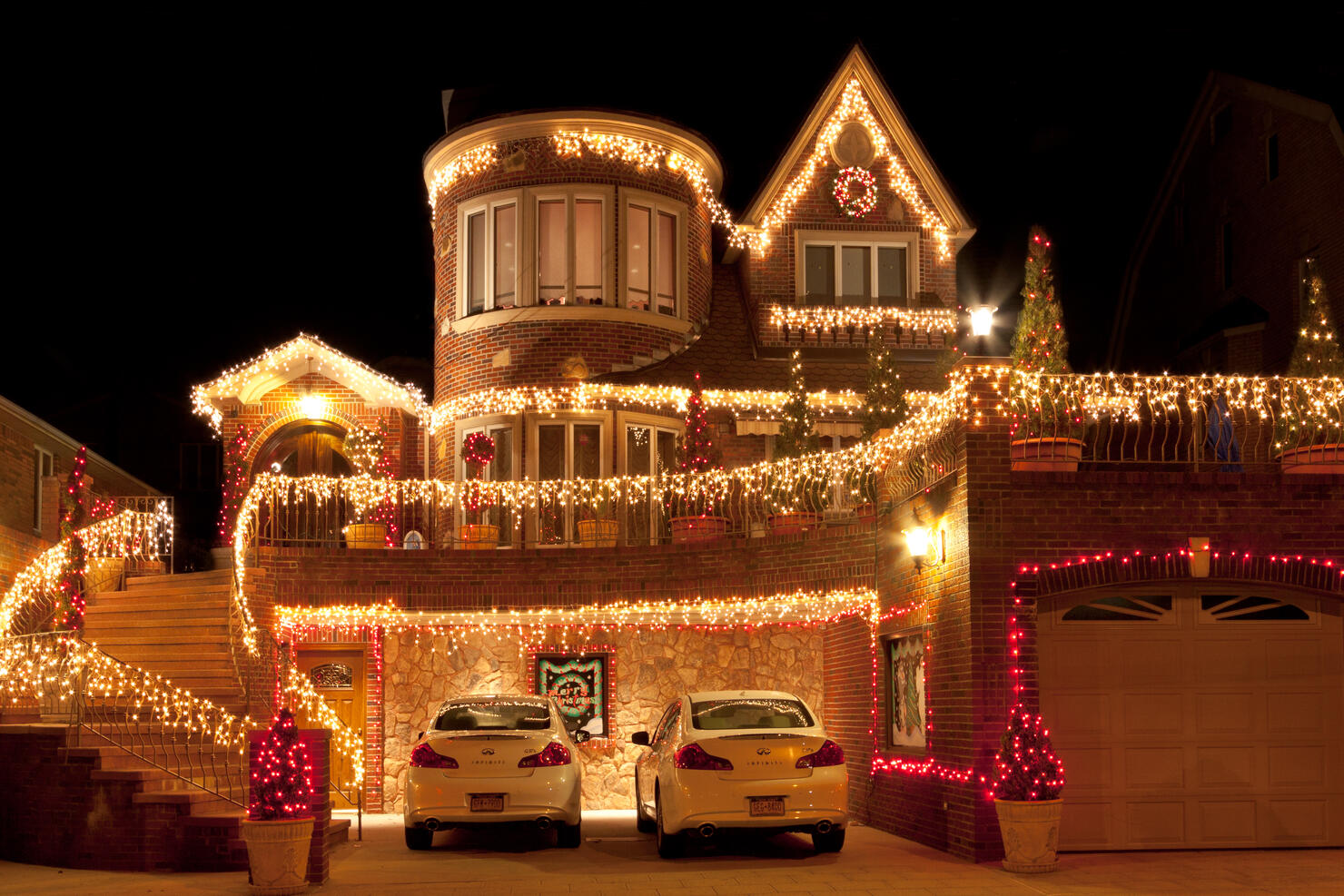 Luxury Brooklyn House with Christmas Lights at night, New York.