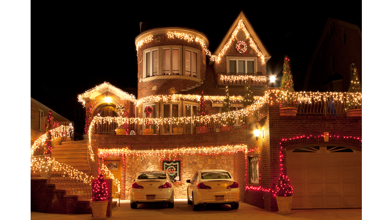 Luxury Brooklyn House with Christmas Lights at night, New York.