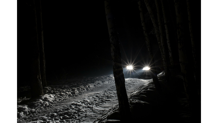 sports car with high beam on in a winter pine forest at night, front and background blurred with bokeh effect
