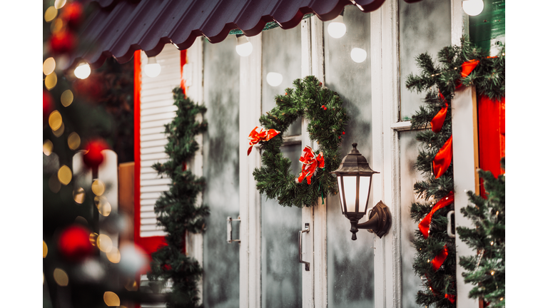 Red Christmas Decoration Hanging On Tree