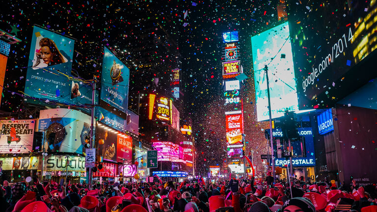 New York City, USA, January 1, 2015, Atmospheric new year's eve celebration on famous times square intersection after midnight with countless happy people enjoying the party