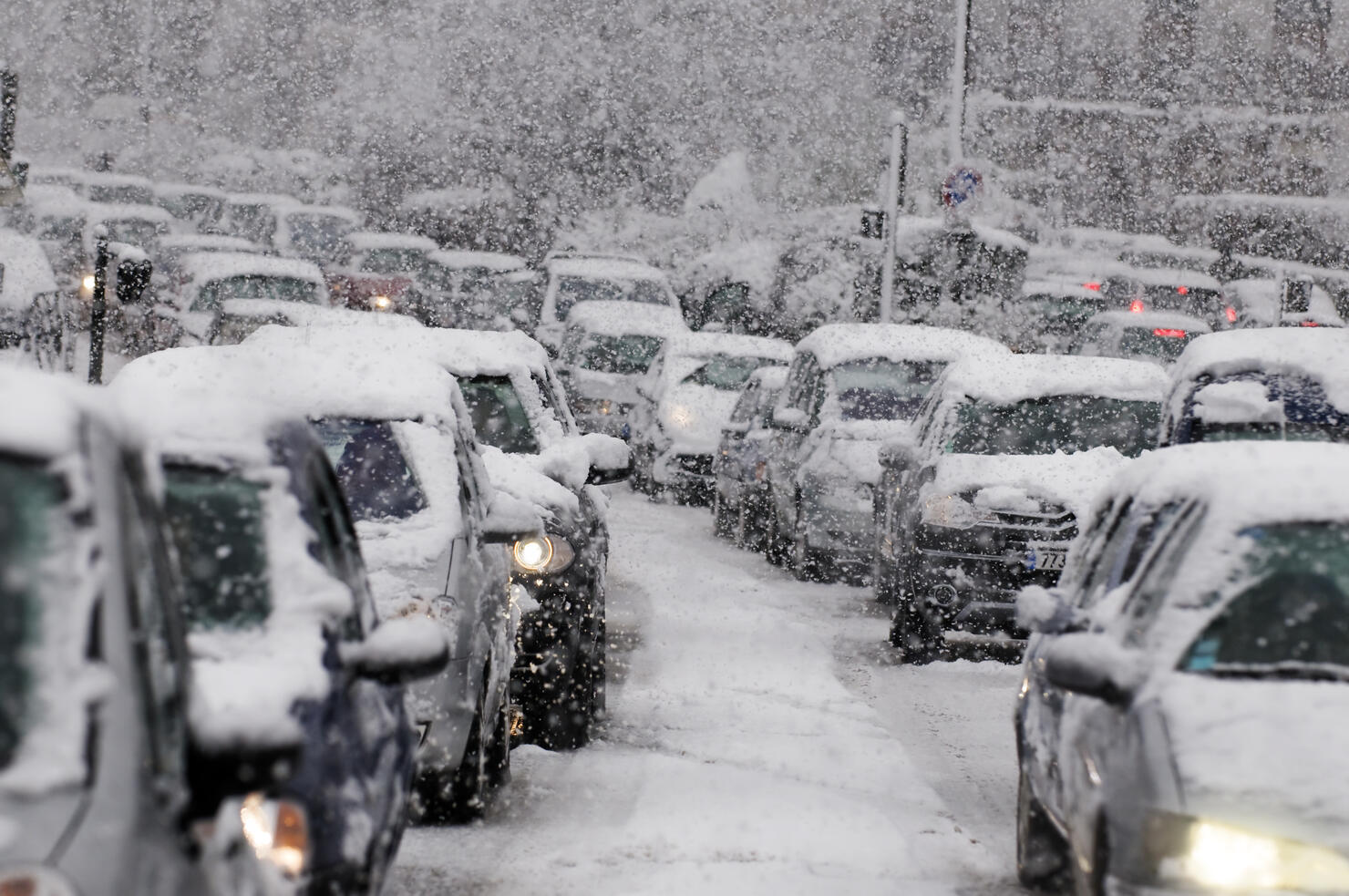 Traffic jam caused by heavy snowfall