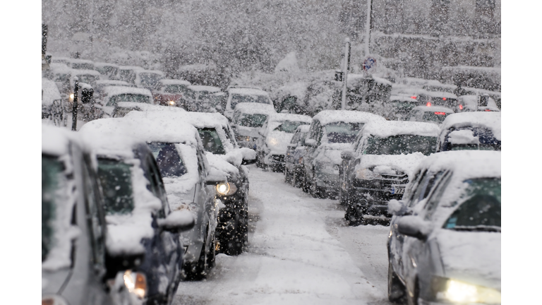 Traffic jam caused by heavy snowfall