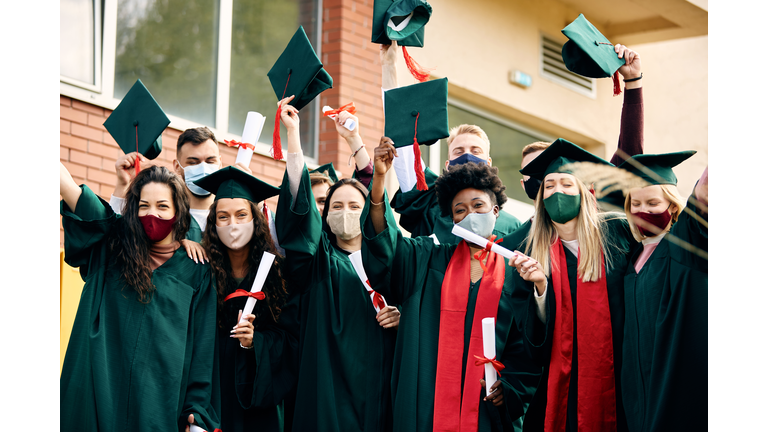 Group of happy students celebrating their graduation day and wearing face masks due to coronavirus pandemic.