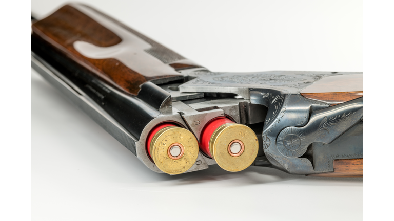 Double barrel shotgun with two 12 gage shells inserted
