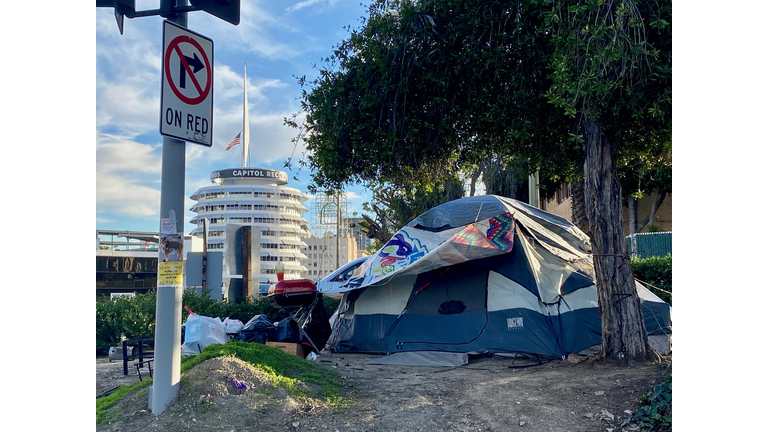 Close view homeless tent at the side of a street in Hollywood