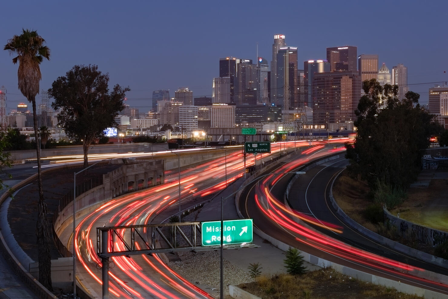 Highway leading into downtown Los Angeles at dawn