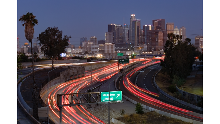 Highway leading into downtown Los Angeles at dawn