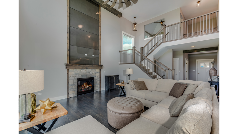 Two story great room with modern fireplace