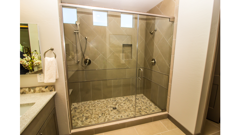 Bathroom Glass Shower With Door, Tile & Two Shower Heads