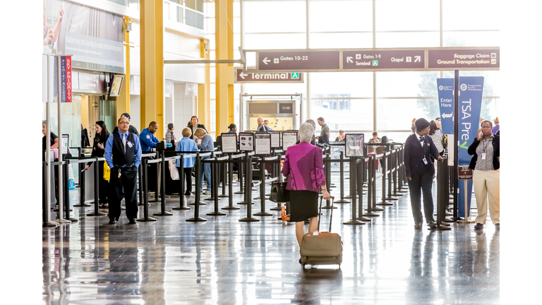 Passengers in the TSA line in an airport