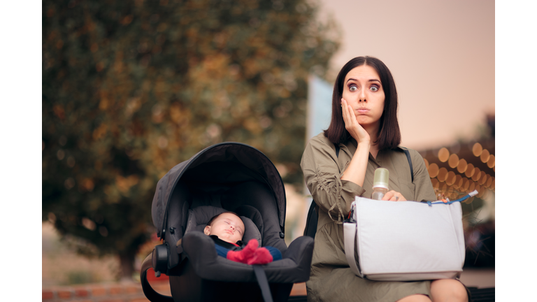 Stressed mom remembering she forgot formula home