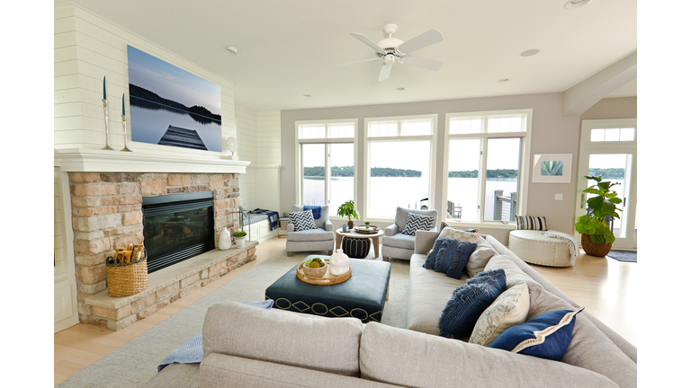 Modern Living Room Home Interior Design with fireplace and Television