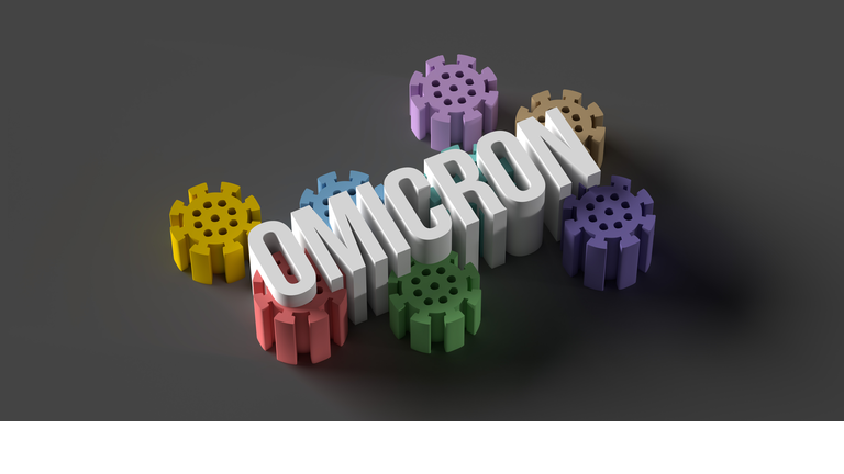 Diagonal Omicron text surrounded by pastel colored bacteria cell's on grey