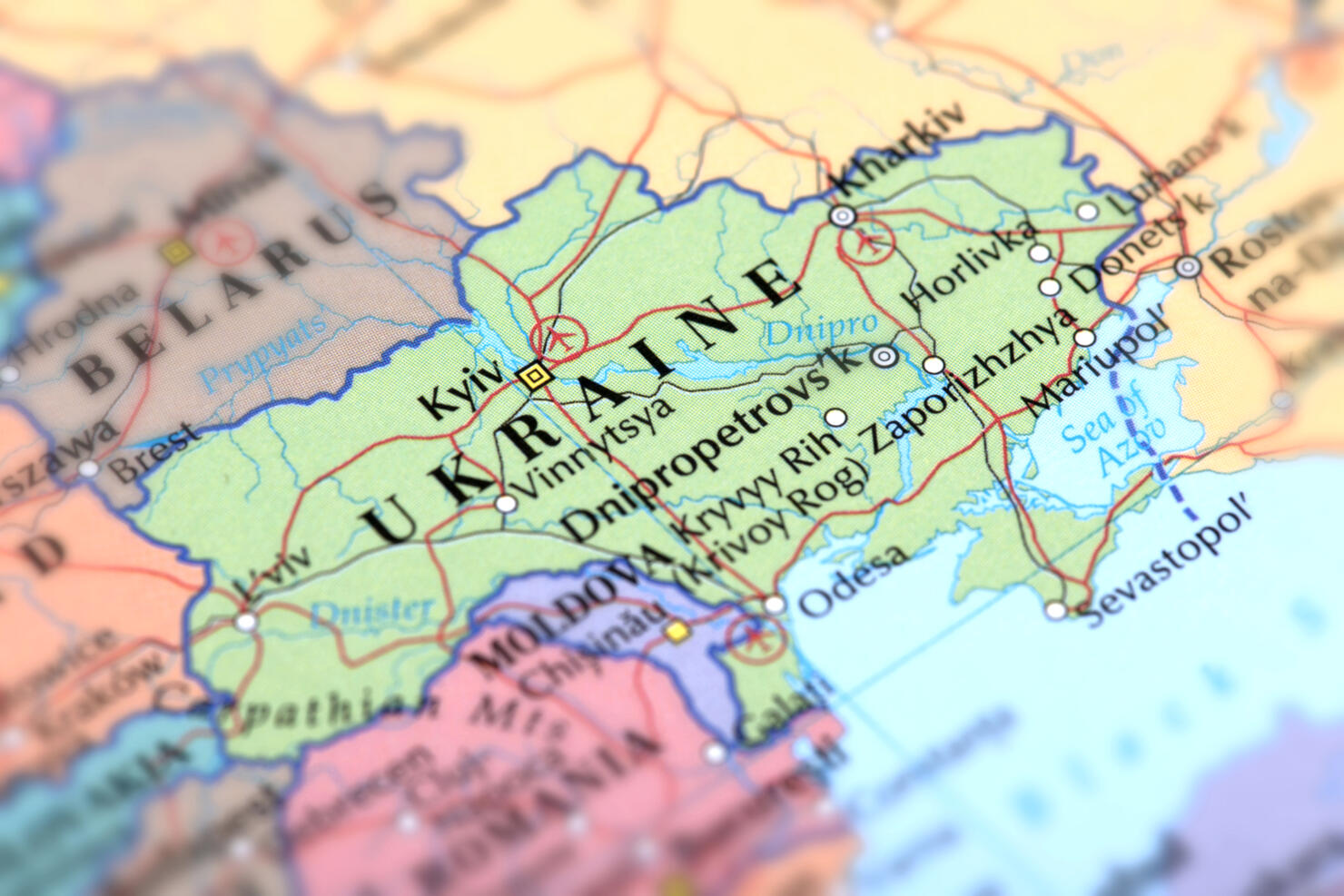 Map of green Ukraine on a globe