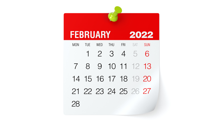 February 2022 - Calendar. Isolated on White Background. 3D Illustration
