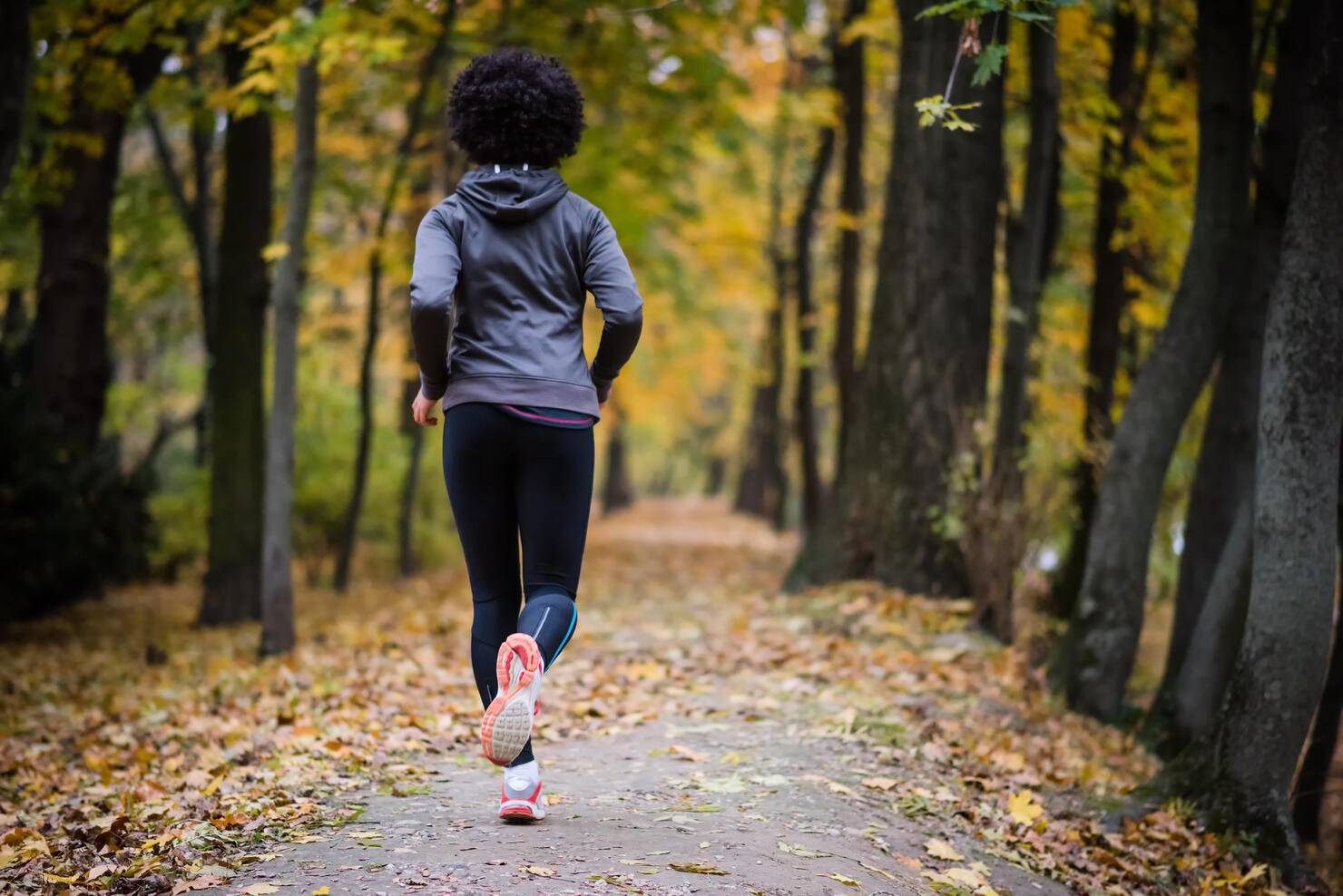 Young woman jogging through the fall park, rear shot.