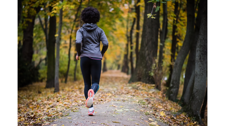 Young woman jogging through the fall park, rear shot.