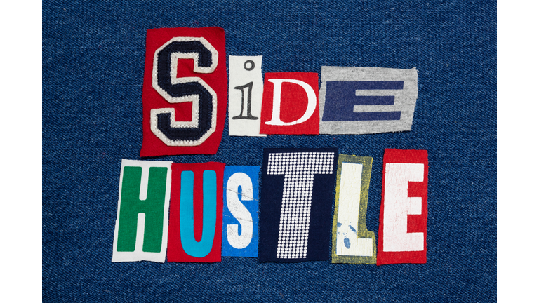 SIDE HUSTLE text word collage colorful fabric on denim, entrepreneur