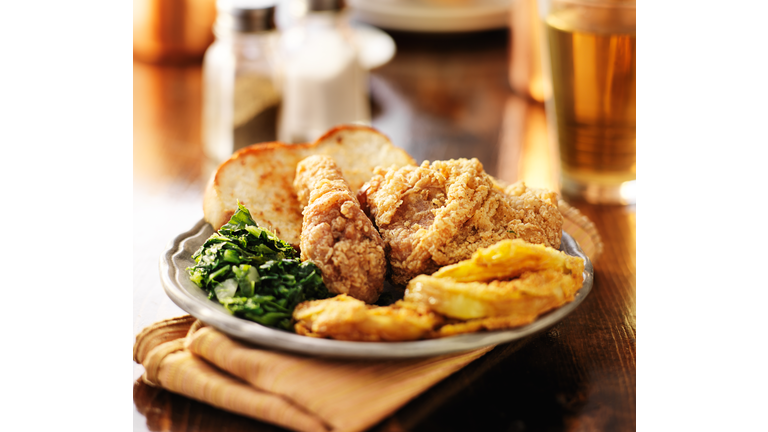 southern soul food with fried chicken and collard greens