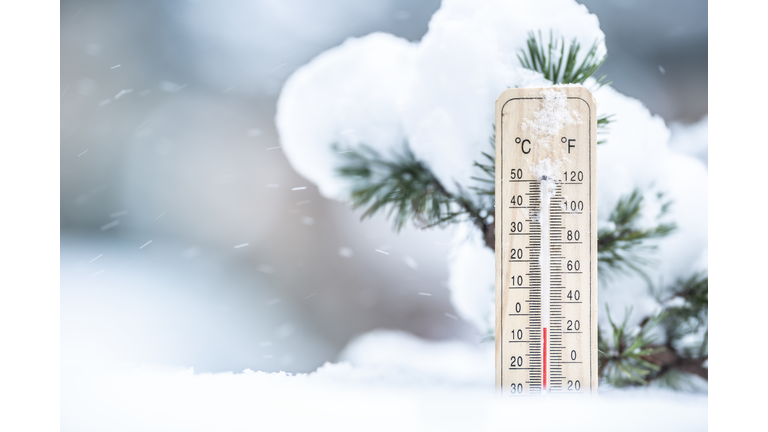 Thermometer in the snow shows low temperatures in Celsius and Farenhaits.