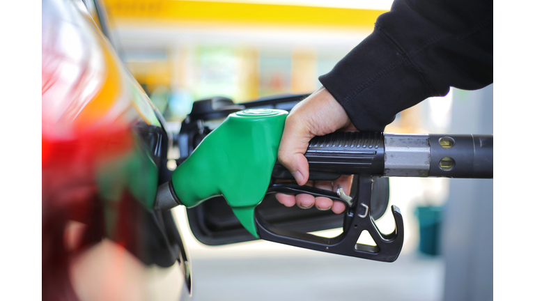 Close up hand holding green gasoline fuel nozzle and being fill gas tank of black car in gas station Concept of Global Fossil Fuel Consumption.  Replace by alternative energy in near the near future