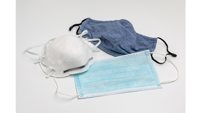 N95, surgical and cloth face masks. Covid-19 face mask choices, comparison and protection concept