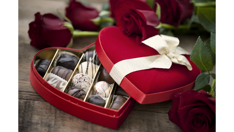 Valentine's Day Box of Chocolates and Red Roses